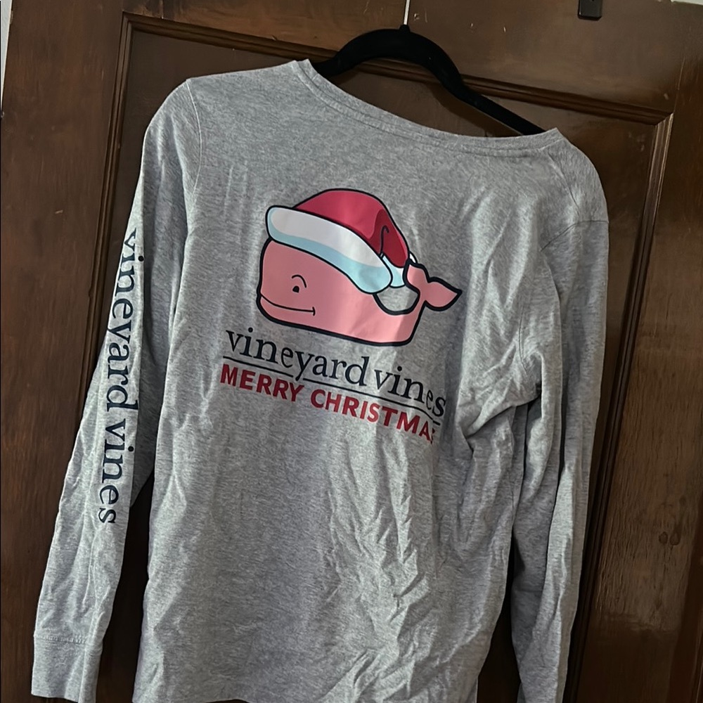 Vineyard Vines Long Sleeve Gray and Red Tee with Santa Hat Design